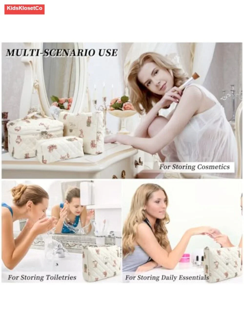 Quilted Cotton Makeup Bag Set of 3, Cosmetic Travel Toiletry Organizer, Floral